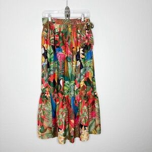 Rachel Zoe Tropical Jungle Print Maxi Skirt Size Medium Elastic Waist Tie Toucan